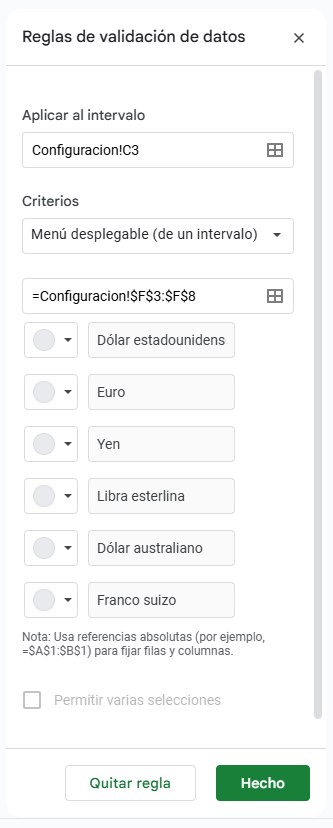 Representación gráfica de la configuración para una lista desplegable utilizando un rango de celdas como fuente de elementos de la lista en Google Sheets.