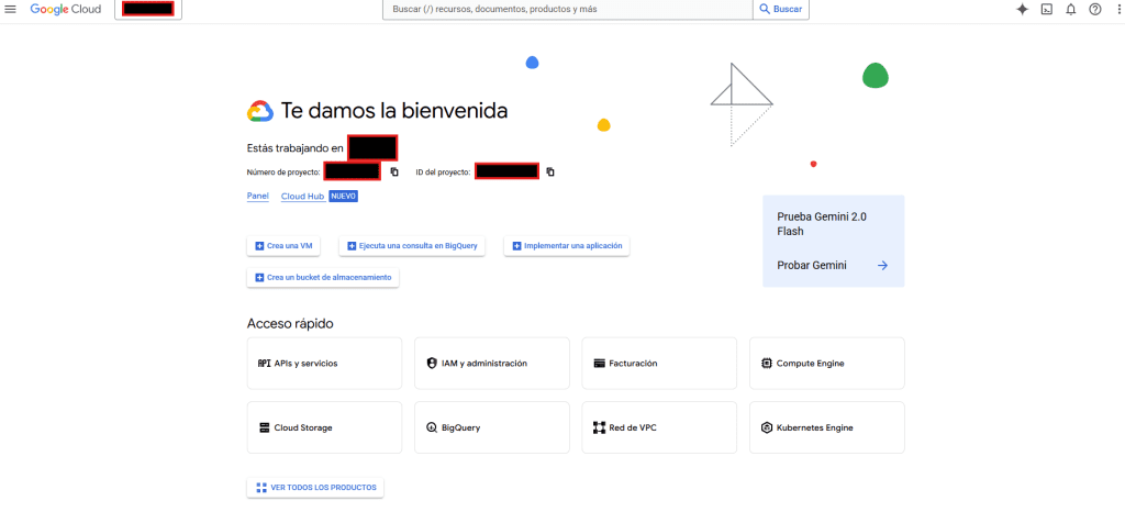 Página principal de la consola para la gestión de las herramientas y servicios de Google Cloud