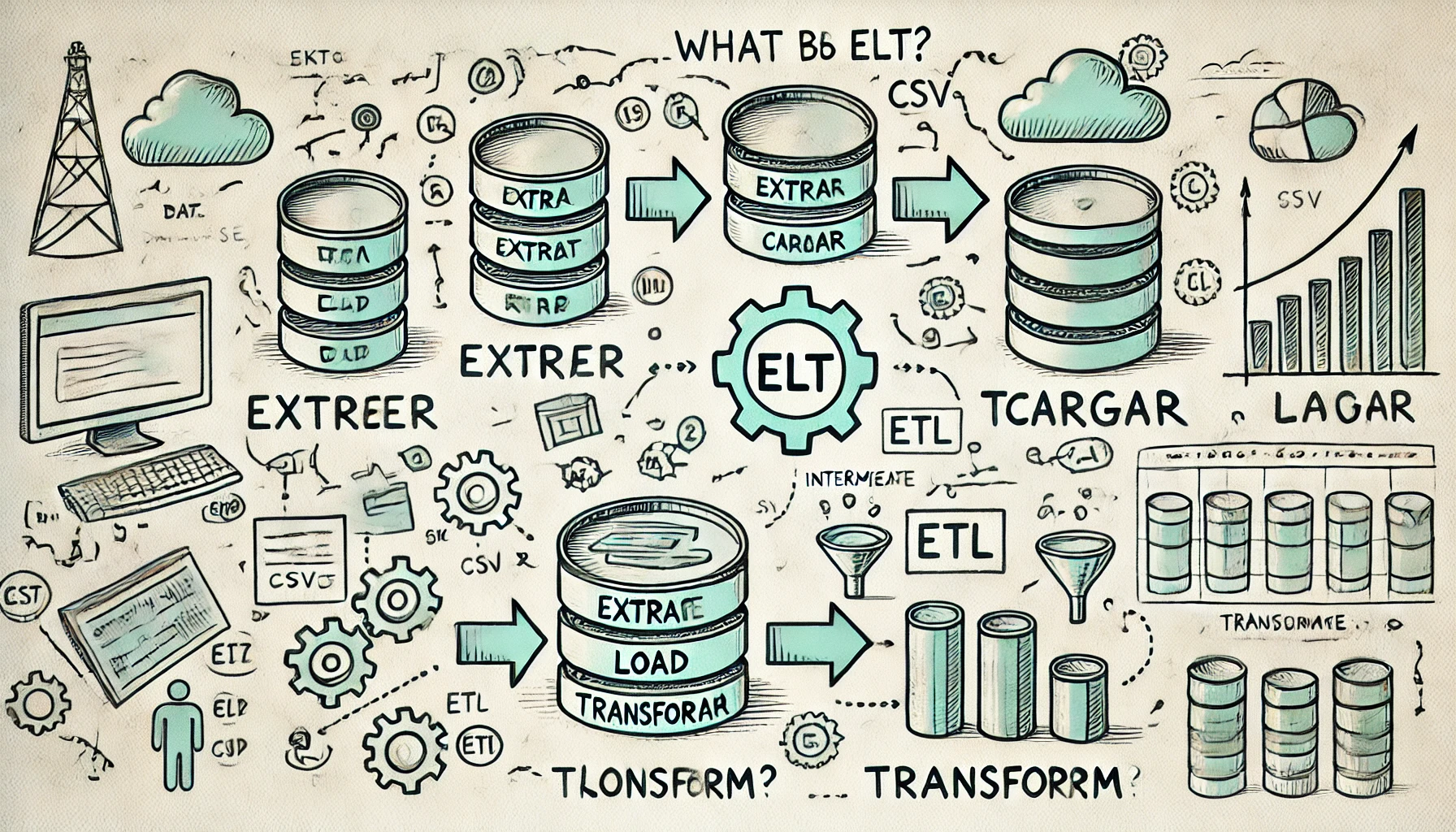 Representación gráfica sobre que es un ELT para importar datos para tus cuadros de mando