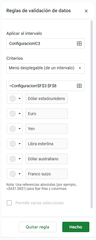 Representación gráfica de la configuración para una lista desplegable utilizando un rango de celdas como fuente de elementos de la lista en Google Sheets.