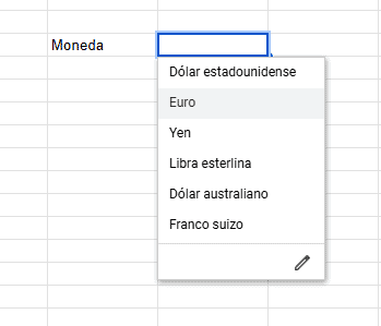 Representación gráfica de una lista desplegada en Google Sheets
