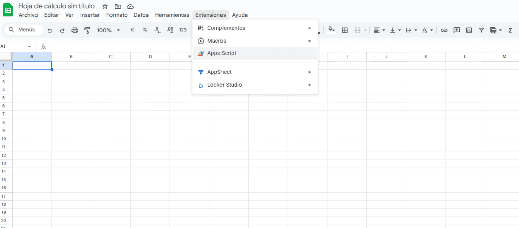 Representación gráfica sobre el menu de acceso a Google Apps Scripts desde Google Sheets